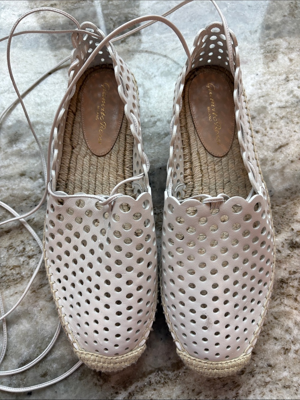 Gianvito Rossi Perforated Lace-Up Espadrilles in white. NWOT